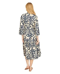 Yumi Women's 3/4 Sleeve Block Print Kaftan Dress