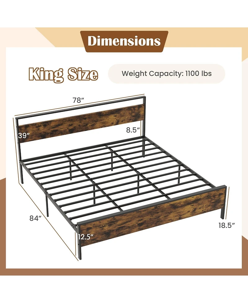 Slickblue Modern Industrial Bed Frame with Wood Headboard and Metal Base