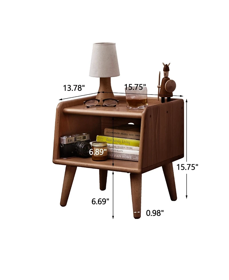 Rainsken Solid Wood Nightstand, Mid Century Modern Bedside Table with Open Storage Shelf for Bedroom, Living Room