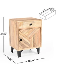 Rainsken Wood Nightstand, Hand-Carved Line Drawing Design, Bedside Table with Drawer and Metal Legs for Bedroom
