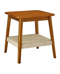 Rainsken 23" Square Wooden End Table with Woven Storage Shelf, Mid-Century Bedside Table, Nightstand for Living Room, Bedroom, Office