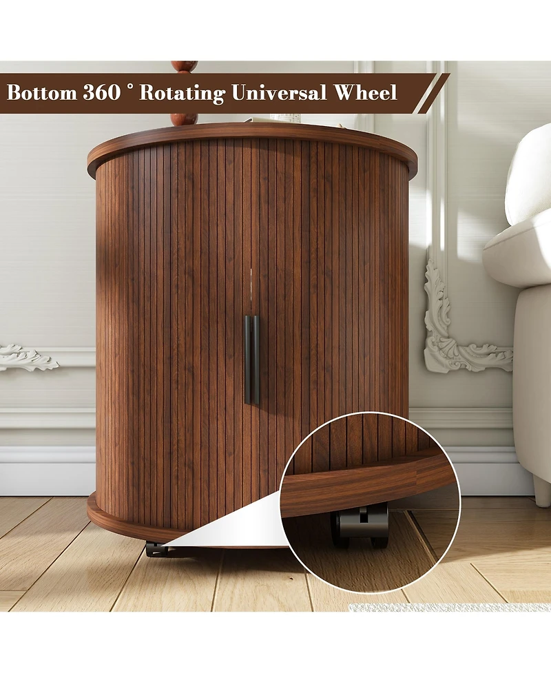 Rainsken Cylinder Nightstand, Fluted Round End Table with Charging Station and Sliding Door, 2-Tier Storage Bedside Table for Living Room, Bedroom