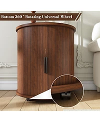 Rainsken Cylinder Nightstand, Fluted Round End Table with Charging Station and Sliding Door, 2-Tier Storage Bedside Table for Living Room, Bedroom
