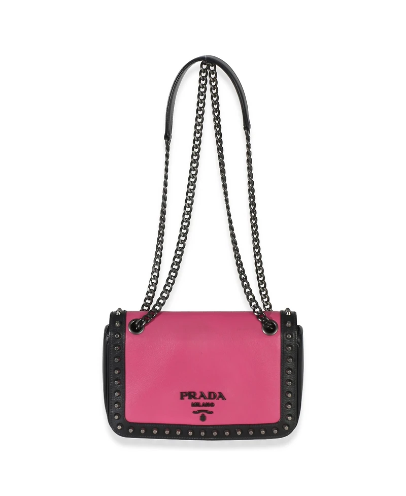 Pre-Owned Prada Black Pink Calfskin Glace Studded Chain Flap