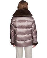 Halston Women's Short Faux Fur Cuffs and Collar Puffer