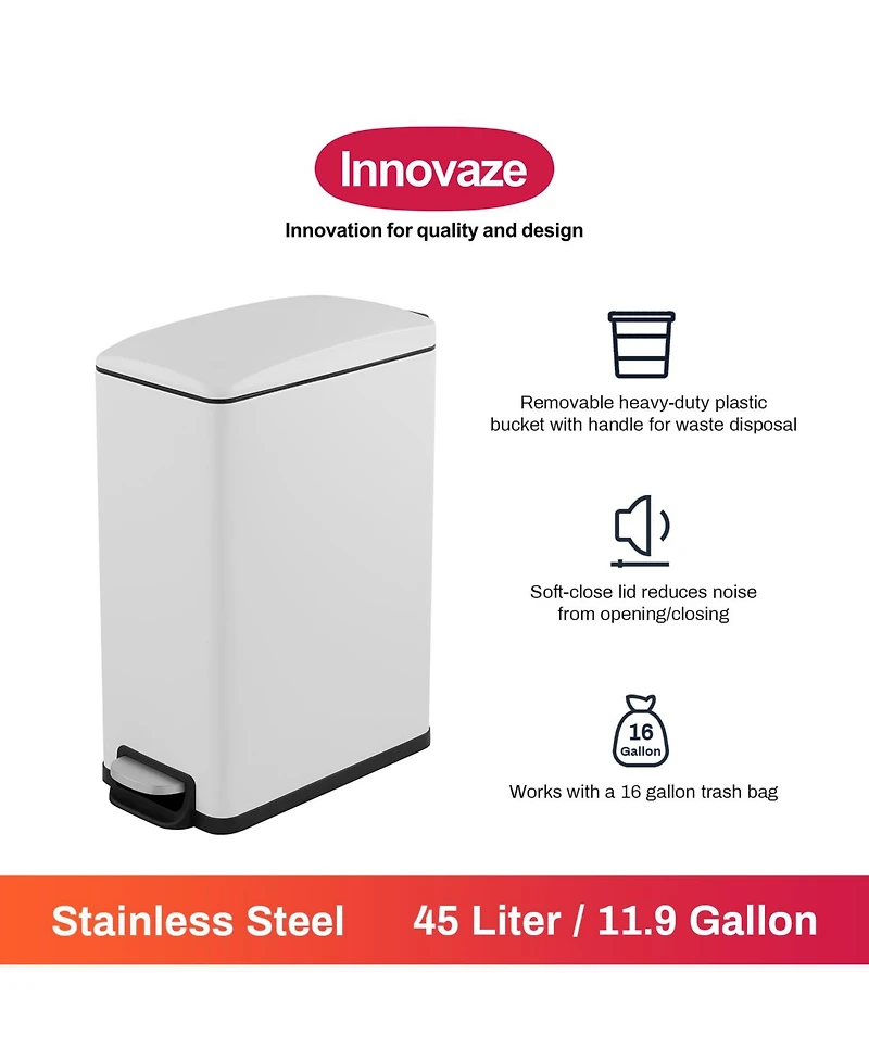 Mega Casa 12 Gal/45 Liter Slim Stainless Steel Step-on Kitchen Trash Can, Hands-Free Foot Pedal, Soft-Close Lid, for Home Office
