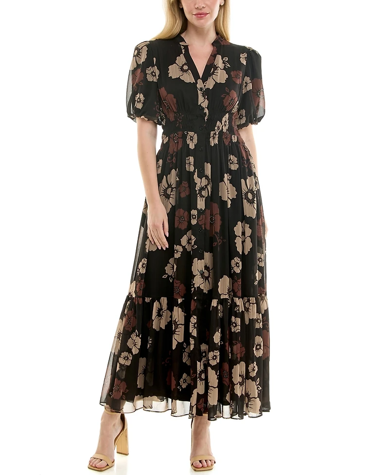 Taylor Women's Floral Print Puff-Sleeve Collared Polyester Shirt Dress