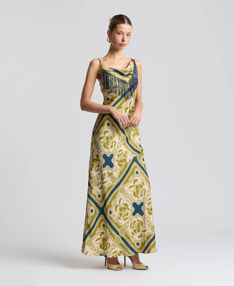 Avec Les Filles Women's Cowl Neck Scarf Print Maxi Dress