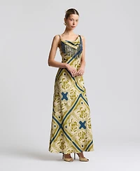 Avec Les Filles Women's Cowl Neck Scarf Print Maxi Dress