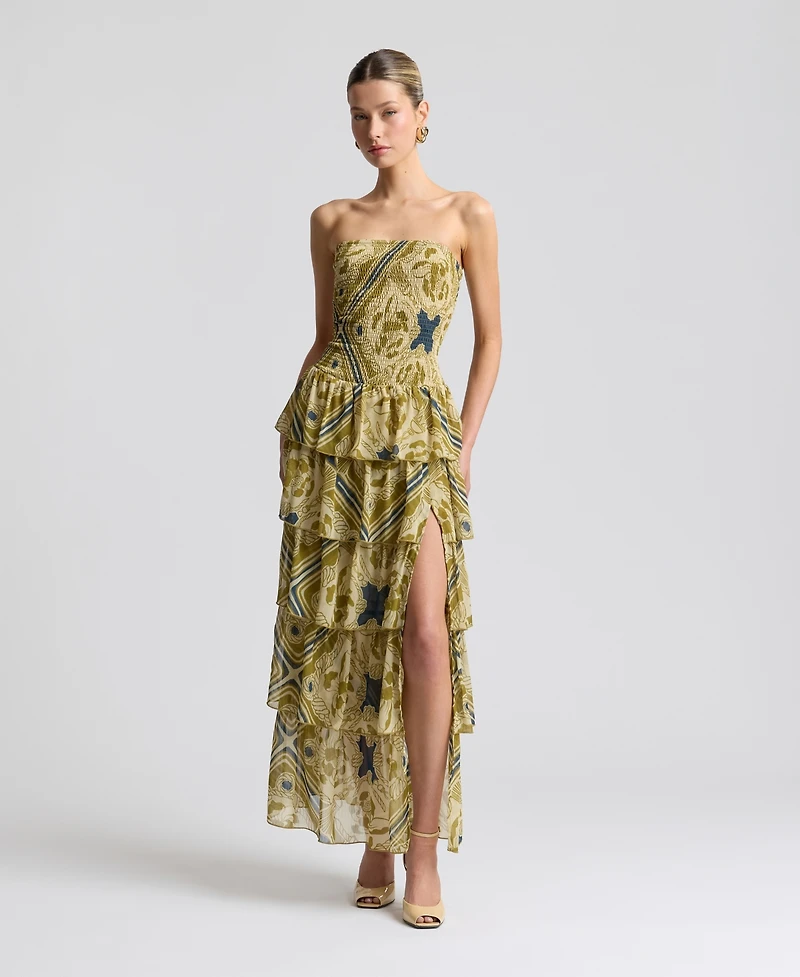 Avec Les Filles Women's Printed Smocked-Bodice Ruffle-Tiered Maxi Dress