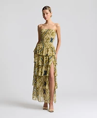 Avec Les Filles Women's Printed Smocked-Bodice Ruffle-Tiered Maxi Dress