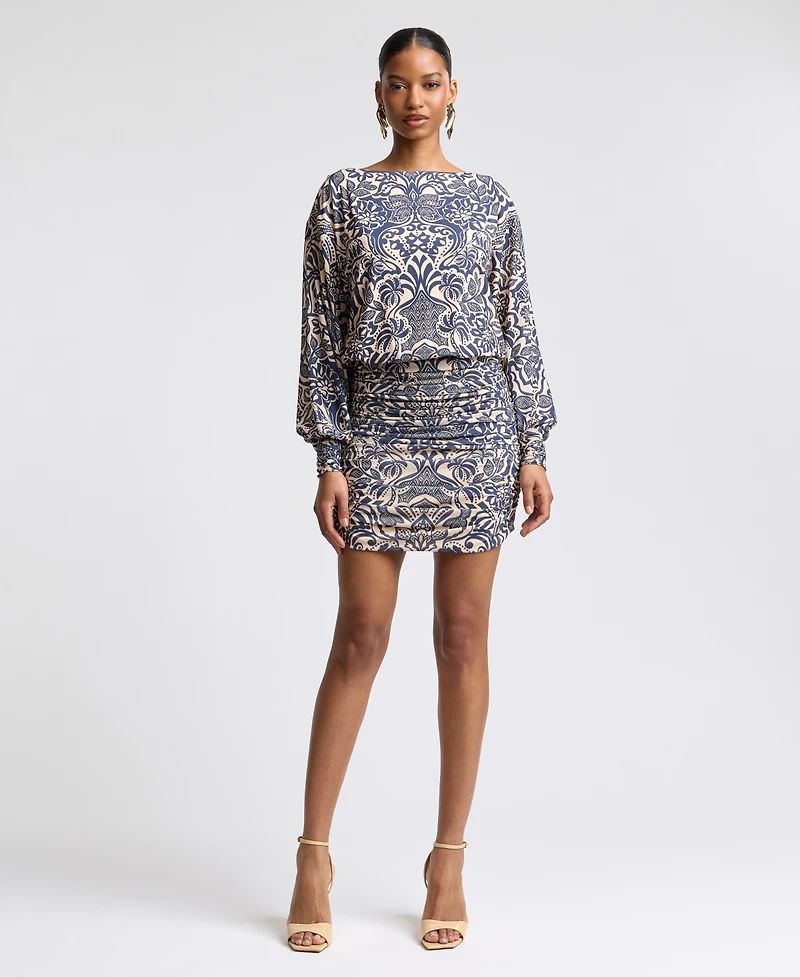 Avec Les Filles Women's Boat Neck Ruched Printed Mini Dress