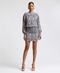 Avec Les Filles Women's Boat Neck Ruched Printed Mini Dress
