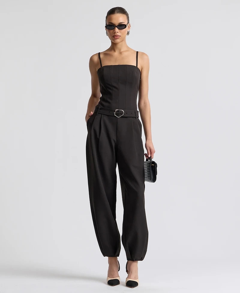 Avec Les Filles Women's Square Neck Belted Jumpsuit