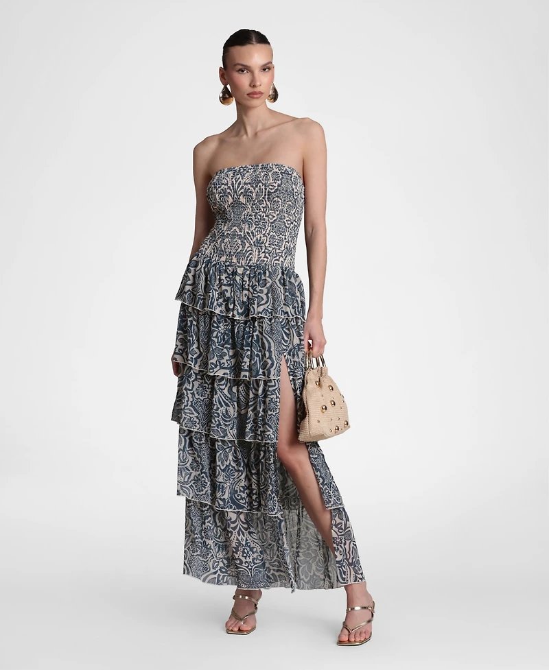 Avec Les Filles Women's Printed Smocked-Bodice Ruffle-Tiered Maxi Dress