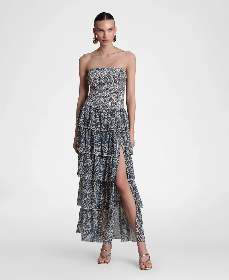Avec Les Filles Women's Printed Smocked-Bodice Ruffle-Tiered Maxi Dress