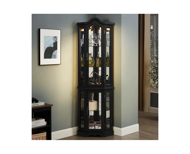 Sumyeg Lighted Corner Curio Cabinet with Tempered Glass Doors and Shelves Elegant Oak Display Storage