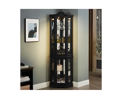 Sumyeg Lighted Corner Curio Cabinet with Tempered Glass Doors and Shelves Elegant Oak Display Storage