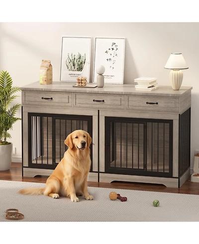 Gaomon Extra Large Double Dog Crate Furniture for 2 Medium Large Dogs Wooden Kennel End Table Tv Stand Chew Resistant with 3 Storage Drawers