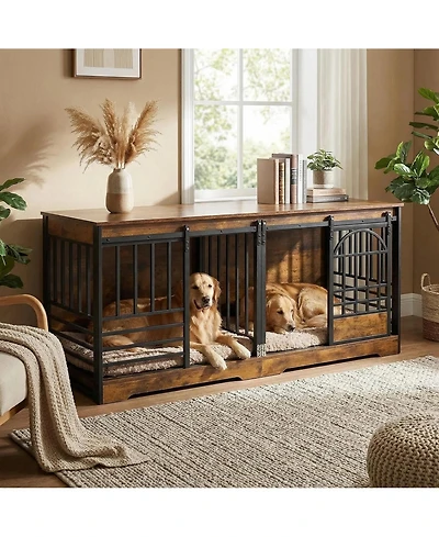 Gaomon Extra Large Double Dog Crate Wooden Kennel with Divider , End Table Tv Stand for X-Large Breeds