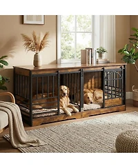 Gaomon Extra Large Double Dog Crate Wooden Kennel with Divider , End Table Tv Stand for X-Large Breeds
