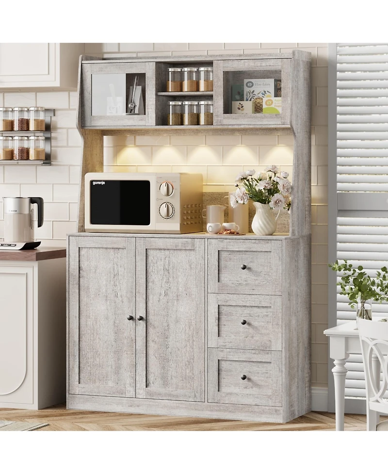 homfan 67inch Farmhouse Pantry Cabinet with Microwave Shelf, Kitchen Hutch Storage Cabinet, 3 Drawers and Glass Doors, Coffee Bar Station
