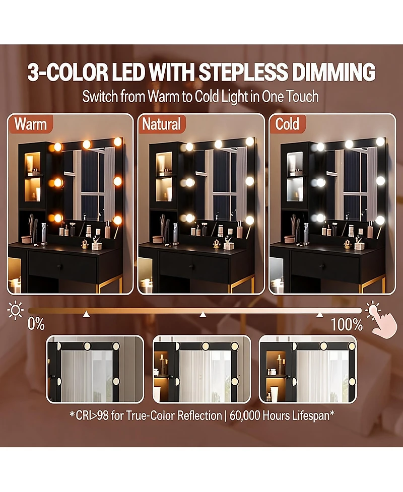 homfan Vanity Desk With Mirror Lights Dressing Table Adjustable Bulbs Outlets and Usb Ports Mdf Top Metal Leg Storage Drawers & Cabinets