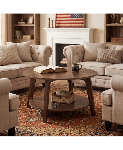 Gaomon 2-Tier Modern Round Coffee Table with Storage Shelf for Living Room, Wooden Accent Table with Curved Legs