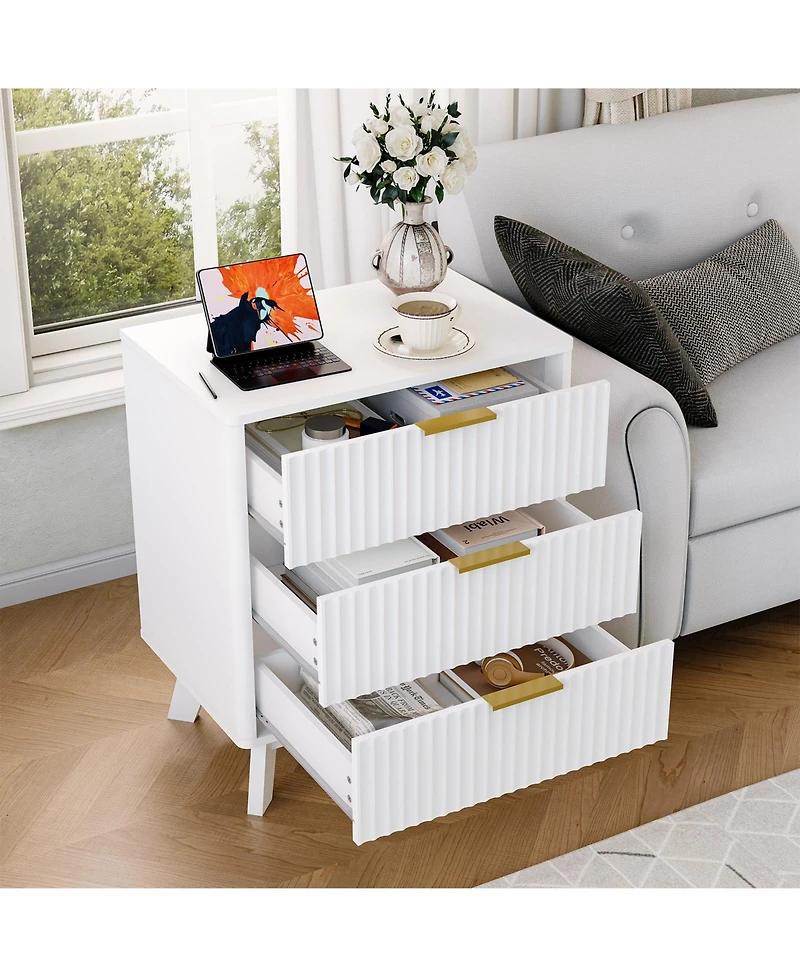 homfan 3-Drawer Fluted Nightstand with Metal Handles, Bedside Table and End Table for Bedroom and Living Room