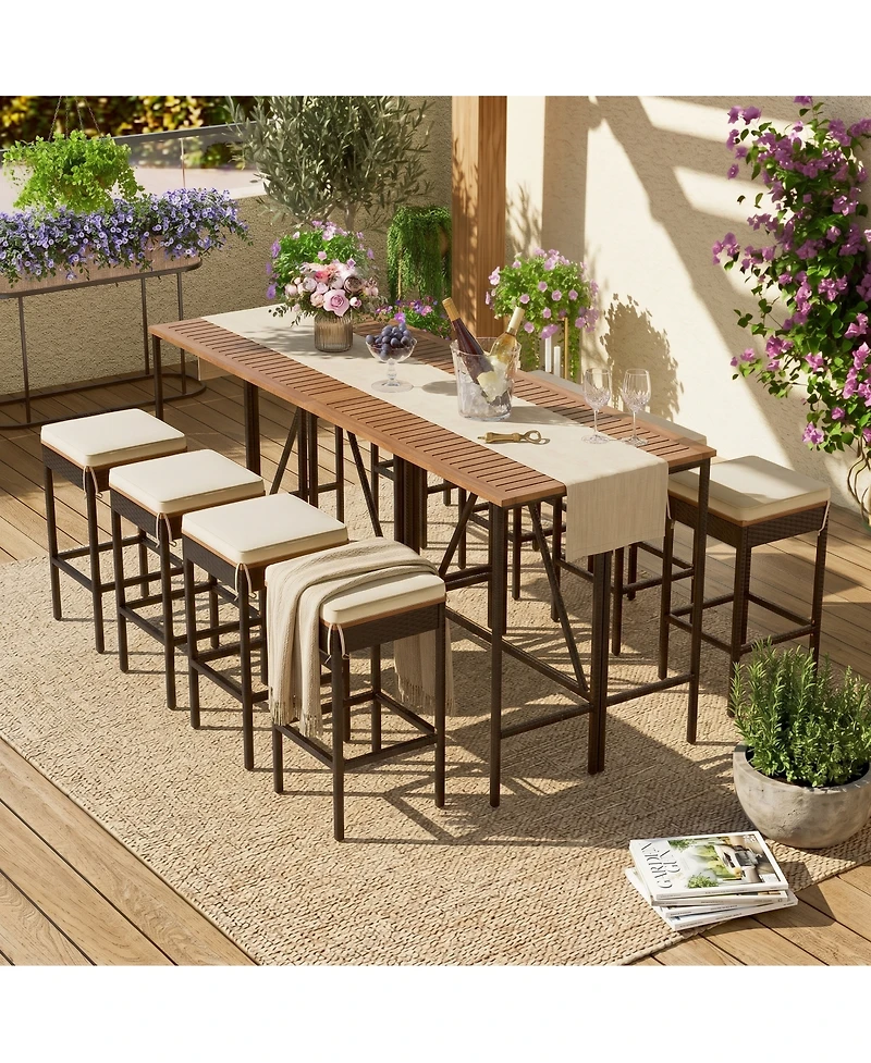 Streamdale Furniture Piece Acacia Wood and Wicker Outdoor Bar Height Dining Set with Cushions