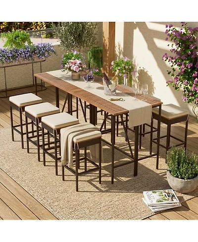 Streamdale Furniture Piece Acacia Wood and Wicker Outdoor Bar Height Dining Set with Cushions