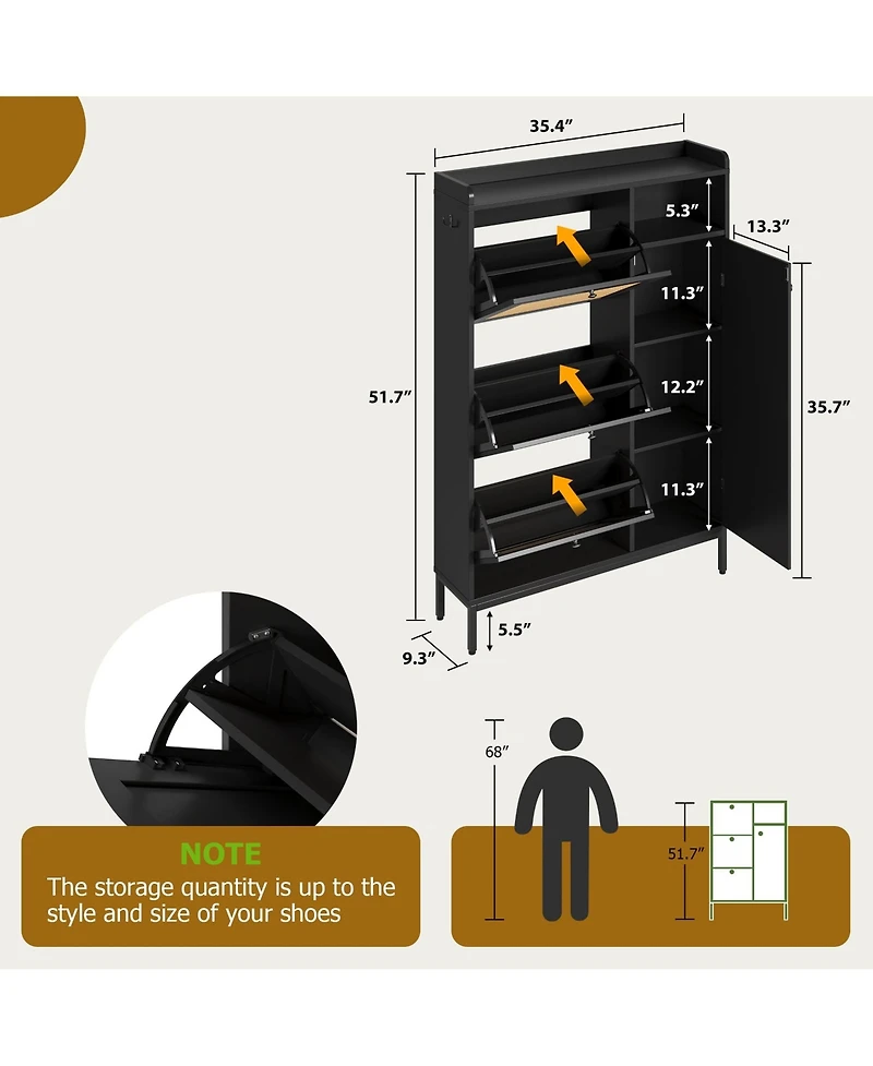homfan 35'' Rattan Shoe Cabinet with 3 Flip Drawers, Entryway Storage Cabinet, Freestanding Organizer Narrow Rack