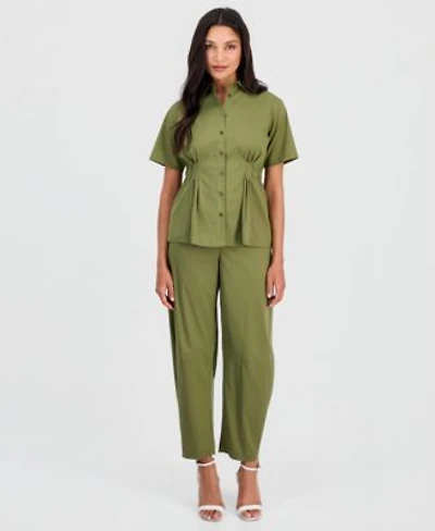 Anne Klein Womens Side Pleat Button Front Shirt Pull On Barrel Leg Ankle Pants
