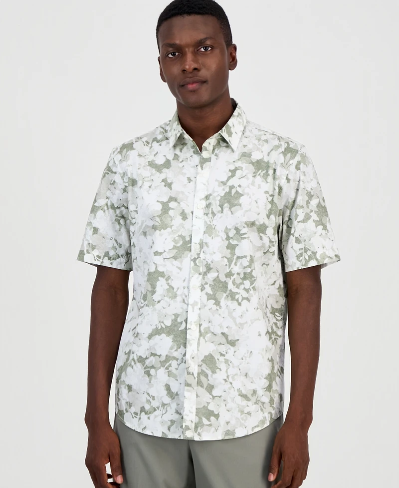 Alfani Men's Layered Botanical Poplin Short-Sleeve Shirt, Macy's Exclusive