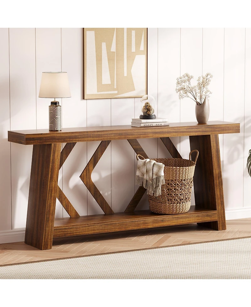 homfan All-Wood Console Table with Trapezoid Legs – 2-Tier Extra Long Sofa for Hallway, Living Room, Narrow Foyer