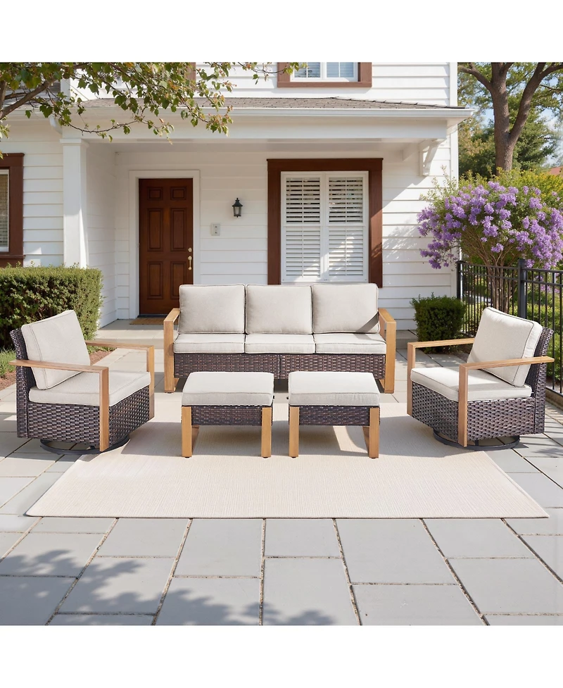 pocassy 5Pieces Patio Furniture Set, Outdoor Wicker Sofa Couch with Metal Armrest, Swivel Rocking Chairs, Ottomans