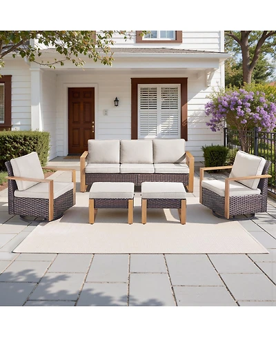 pocassy 5Pieces Patio Furniture Set, Outdoor Wicker Sofa Couch with Metal Armrest, Swivel Rocking Chairs, Ottomans