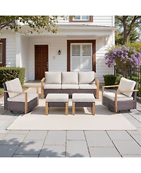 pocassy 5Pieces Patio Furniture Set, Outdoor Wicker Sofa Couch with Metal Armrest, Swivel Rocking Chairs, Ottomans