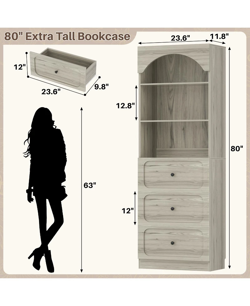 Aheaplus Wooden Pantry Storage Cabinets with 3-Tier Open Shelves, 80" Tall Bookshelf with 3 Drawers