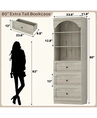 Aheaplus Wooden Pantry Storage Cabinets with 3-Tier Open Shelves, 80" Tall Bookshelf with 3 Drawers