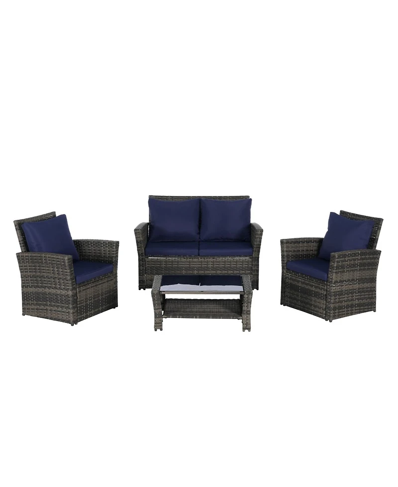 Asagikoiai 4-Piece Weather Resistant Patio Conversation Set with Wicker Chairs and Glass Table