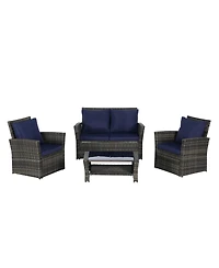 Asagikoiai 4-Piece Weather Resistant Patio Conversation Set with Wicker Chairs and Glass Table