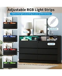 homfan Modern 6-Drawer Dresser with Led Lights and Usb Charging - Wide Storage Cabinet for Bedroom, Living Room, Entryway