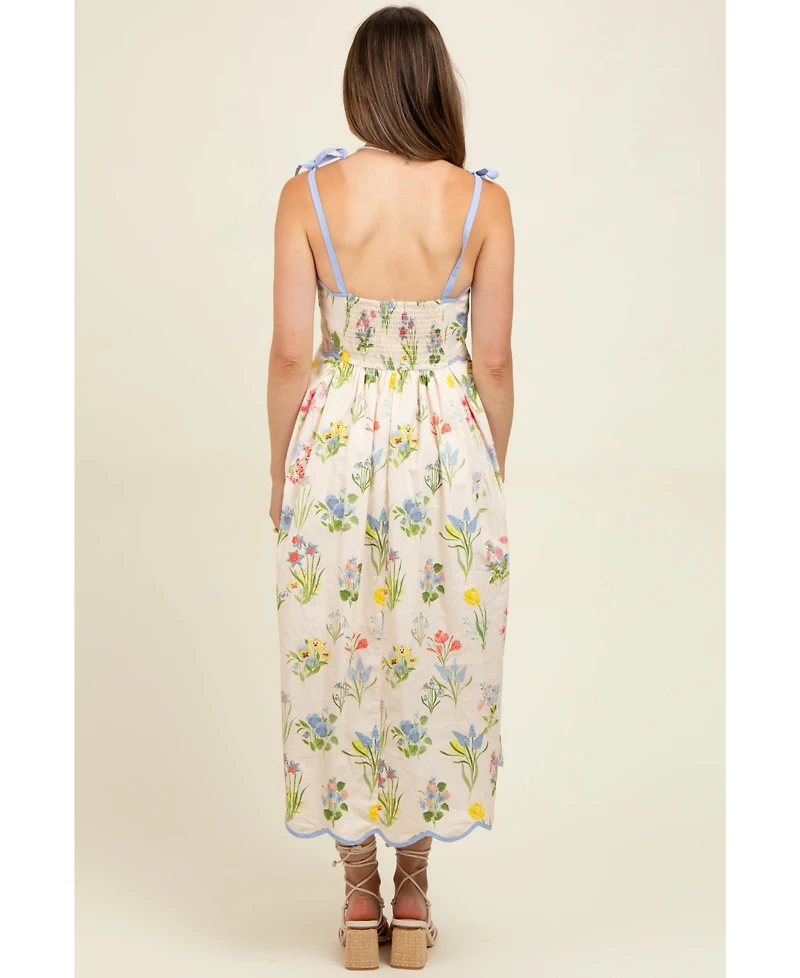 Pinkblush Maternity Cream Floral Shoulder Tie Scallop Trim Midi Dress