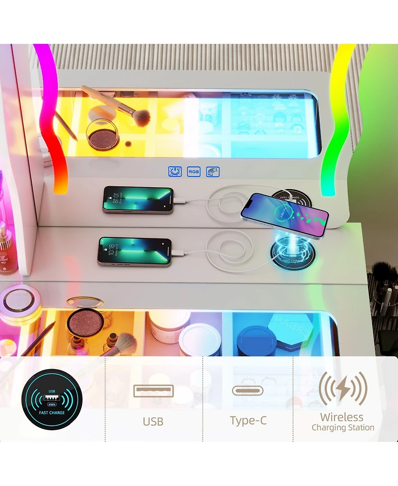 Vlsrka Lvifur Rgb Makeup Vanity Desk with Lights, Glass Top Table