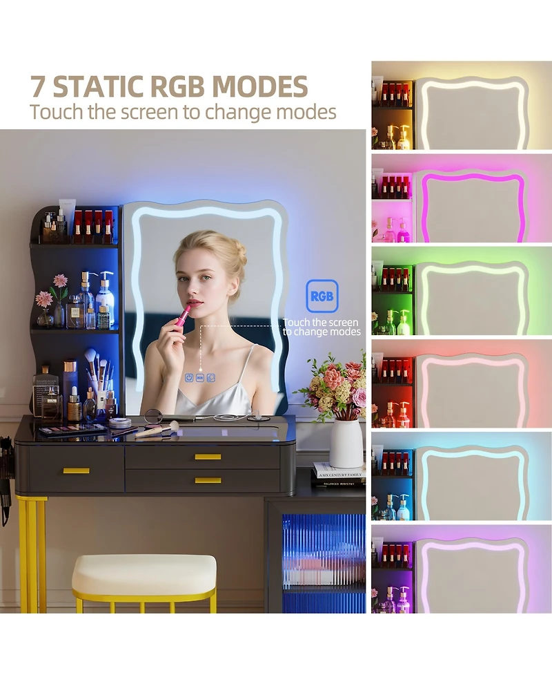 Vlsrka Lvifur Rgb Makeup Vanity Desk with Lights, Glass Top Table
