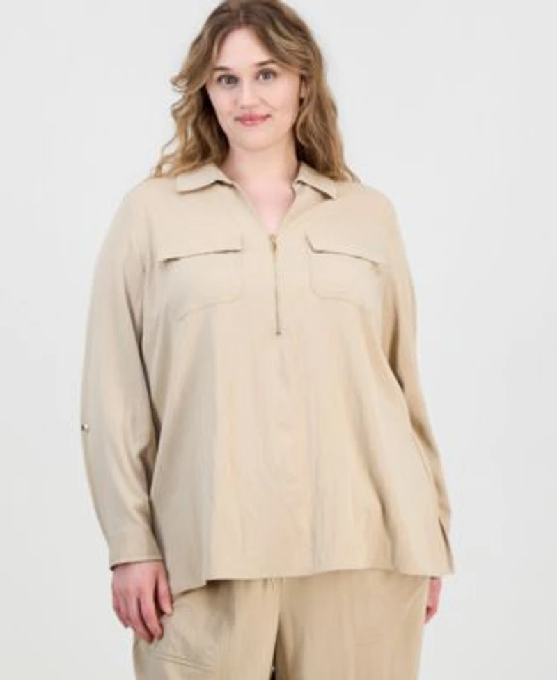 Anne Klein Plus Size Collared Half Zip Long Sleeve Top Pull On Straight Leg Pants