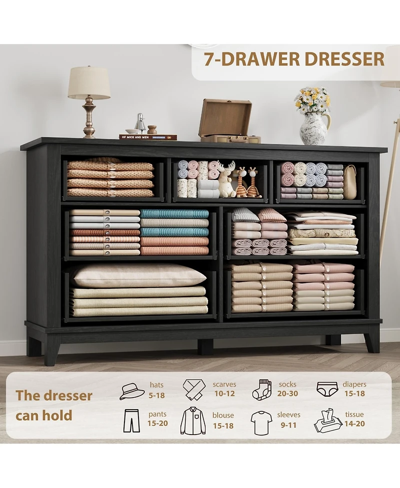 gaomon 7 Drawer Dresser, 54" Wide Wooden Storage Chest, Modern Mdf Closet Organizer for Bedroom, Living Room, Entryway