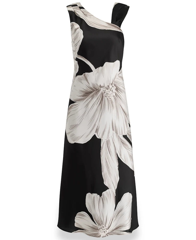 Donna Karan New York Women's Sleeveless Asymmetrical Neck Floral Midi Dress
