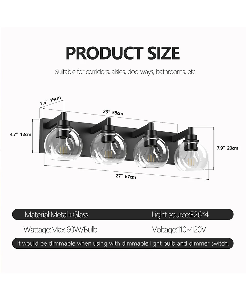 Busdays 4 Light Industrial Bathroom Vanity Light Glass Globe Shades Metal Base Wall Fixture Over Mirror Bulbs Not Included